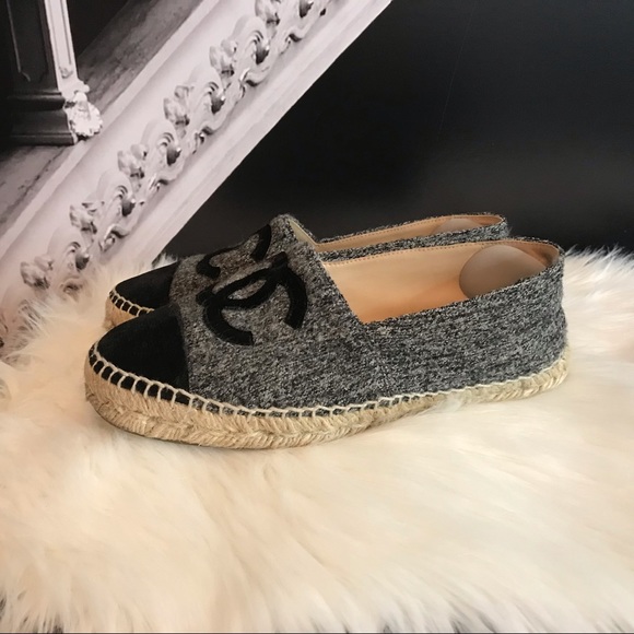 CHANEL Tweed Velvet CC Espadrilles 35 Grey Black with shoe bag - Picture 4 of 16